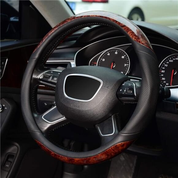 Wood Grain Steering Wheel Cover, Universal 15 inch, Microfiber Leather,Anti-Slip - Picture 3 of 5